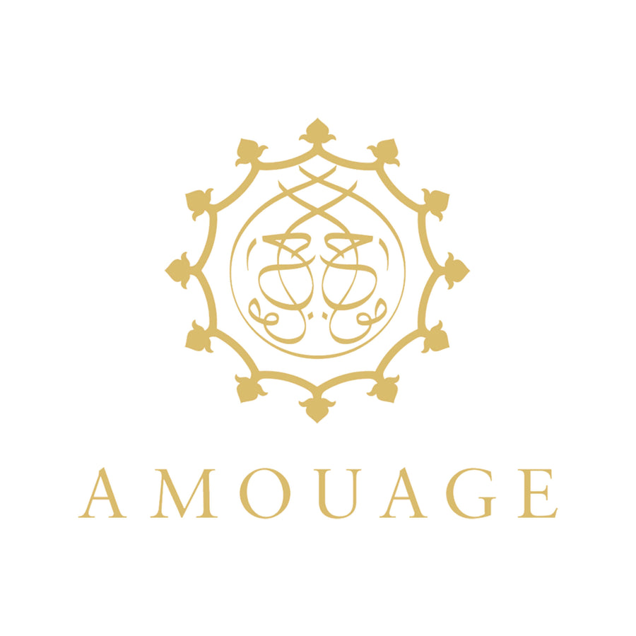 Logo for Amouage, featuring a stylized rendition of a traditional Omani Khanjar dagger within a round frame, symbolizing the luxury perfume brand's Middle Eastern heritage.